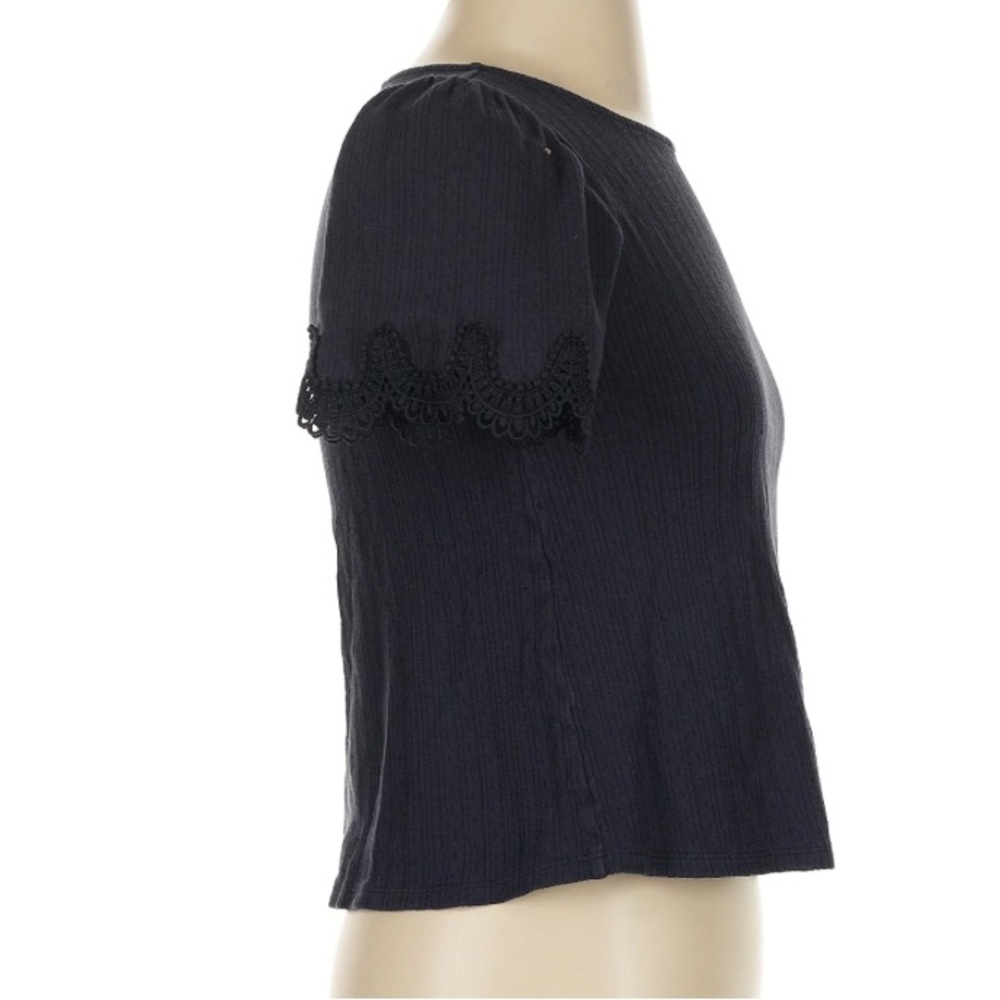 SEZANE CLEA TEE SHIRT 100% Cotton Ribbed Lace Sleeves Navy Blue XS - Picture 4 of 11